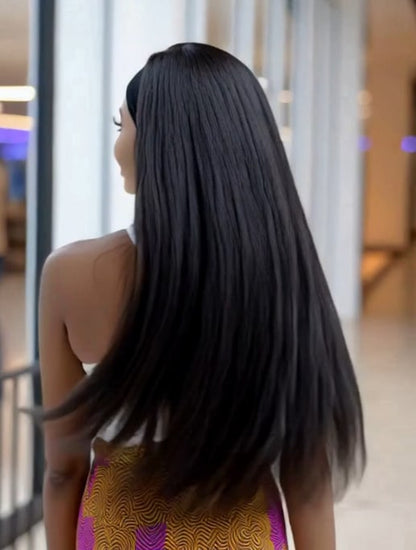 Synthetic Yaki Kinky Straight Wigs - 26 Inch 1B Black | Adjustable Headband & Natural Look(African Women, Protective Style, Quick Install, Realis,Birthday Gift)