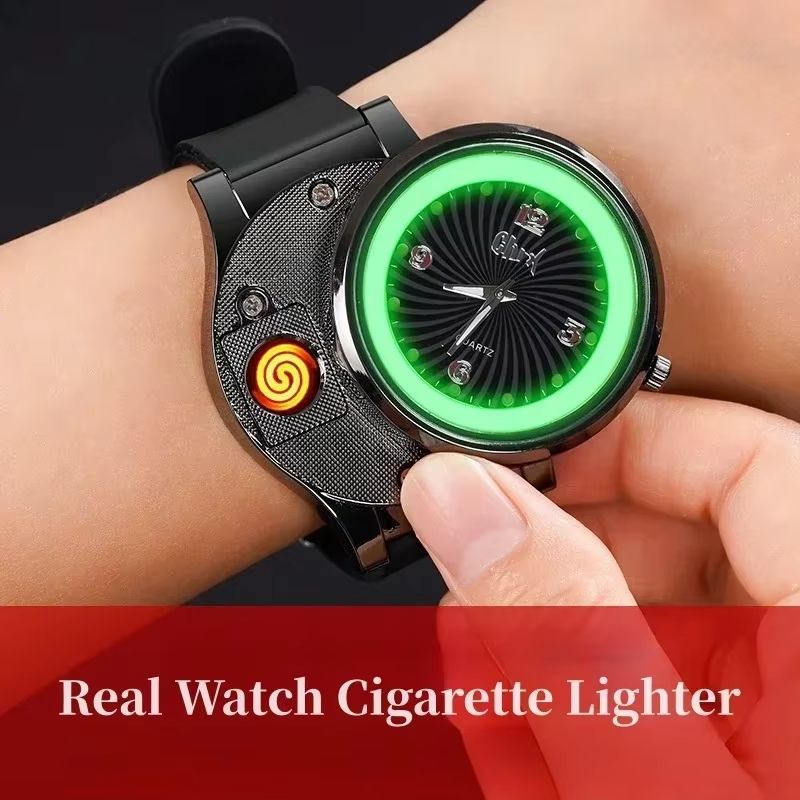 2 in 1 Men's Watch Windproof Cigarette Lighter Luminous Quartz Watch Tungsten Lighter USB Charging Boys Sports Watch Cigarette Lighter Gift