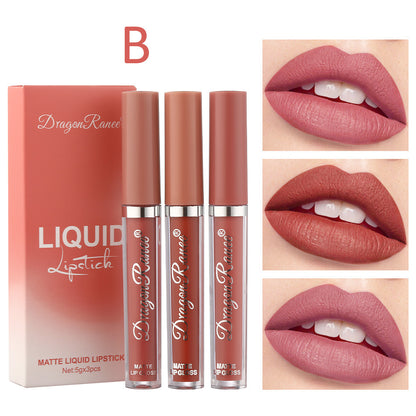3Pcs Liquid Lipstick Set Matte Velvet Lip Gloss Bean Paste Lip Glaze Moisturize Long Lasting Lip Tint Makeup Cosmetic Kit