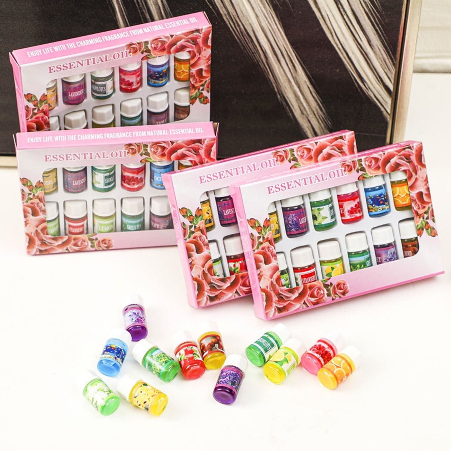 12 pcs Essential Oil Set for diffuser, humidifier, Aromatherapy Scents: Lavender Violet Green Tea Rose Sandal wood Snow Lotus Jasmine Orange Ocean Lemon Osmanthus Strawberry