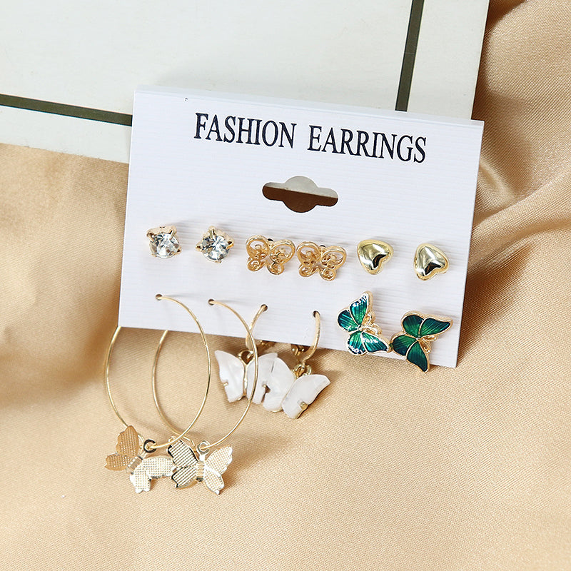 6 Pieces / set Jewelry Love Diamond Stud Earrings Butterfly Stud Earrings Gold Amazon Hot Selling as picture