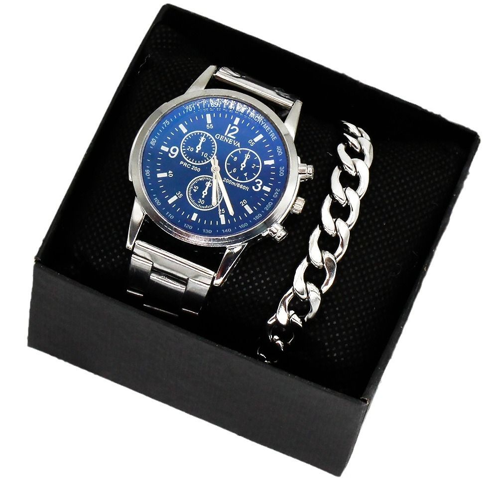 ZHJH Men's Large Dial Watch Metal Bracelet Set Men's Metal Strap Wristwatch Men's Quartz Watch Silver Watch Set