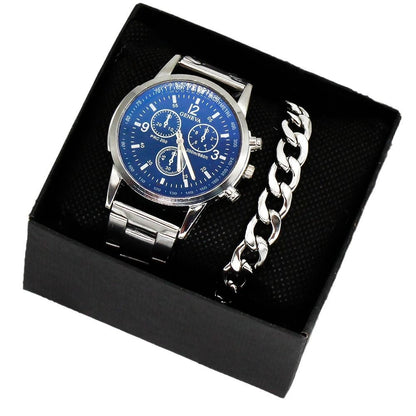 ZHJH Men's Large Dial Watch Metal Bracelet Set Men's Metal Strap Wristwatch Men's Quartz Watch Silver Watch Set