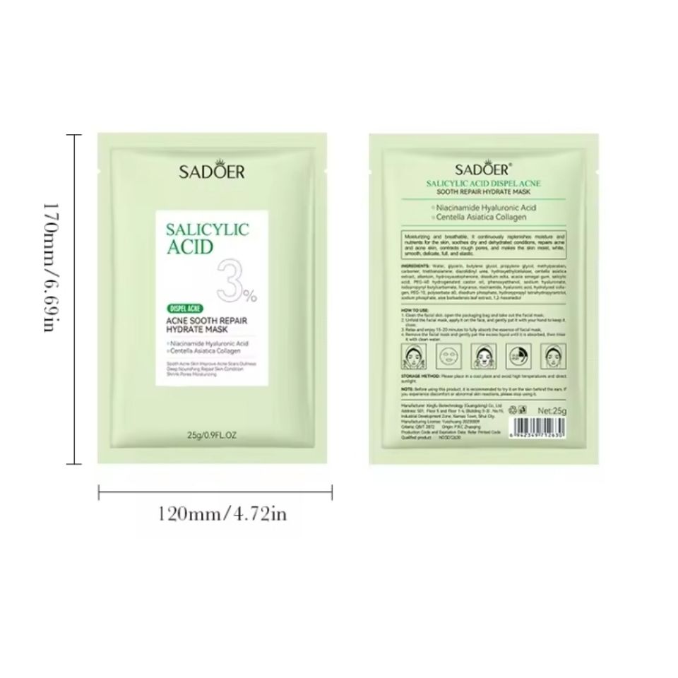 10 PIECES Sadoer Salicylic Acid Sheet Mask Pack Anti Acne Soothing Repair Hydrating Facial Mask Wholesale Price SADOER Acne Removing Control Soothing Repairing Moisturizing Face Mask