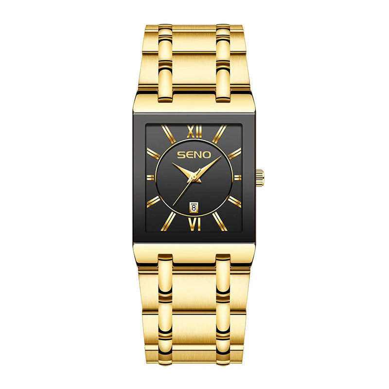 SENO Luxury Gold Full Steel Watches Mens Square Quartz Calendar WristWatch For Men Sport Waterproof