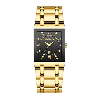 SENO Luxury Gold Full Steel Watches Mens Square Quartz Calendar WristWatch For Men Sport Waterproof