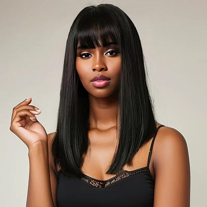 Long straight synthetic bangs medium long hair black wigs for women