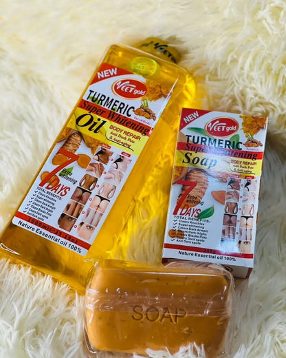 VEET GOLD Turmeric Supper Whitening Oil 1000ml + Soap 250g Whitening Soap Clears Knuckles Removes Dirt & Impurities Super Whitening Clears Dark Thighs Anti Dark Spots Body Oil 1000ml