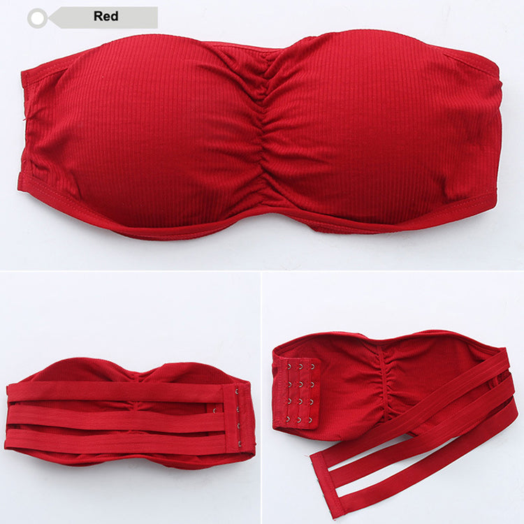 Women Strapless Ruched Push Up Bra Padded Hollow Out Backless Wireless Underwear Bandeau Thread Ribbed Adjustabable Bralette Lingerie