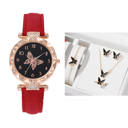 Popular Fashion 5 Set Women Watch Ring Necklace Earrings Bracelet Set Watches Luxury Crystal Butterfly Leather Strap Ladies Quartz WristWatch (With Box)
