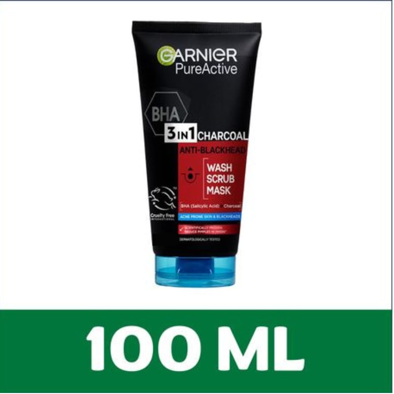 【Discounted】Garnier Pure Active 3 In1 Charcoal Anti Blackhead Mask Wash Scrub -100ml
