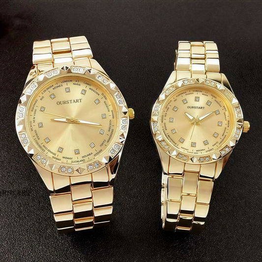 2PCS Lover Watches Business Stainless Steel Back Gold Watch Classic Diamond Rhinestone Couple Gift Watch Hip Hop Metal Color Bling Diamond and Steel Strip Women Men Couple Quartz Watch