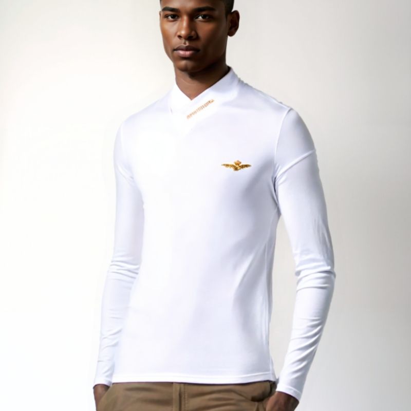 Men Tshirts Sweatshirts Warm Thick Polos Sweaters Tops Formal Long Sleeve Shirts Men Turtleneck Shirts-WhiteV-Neck