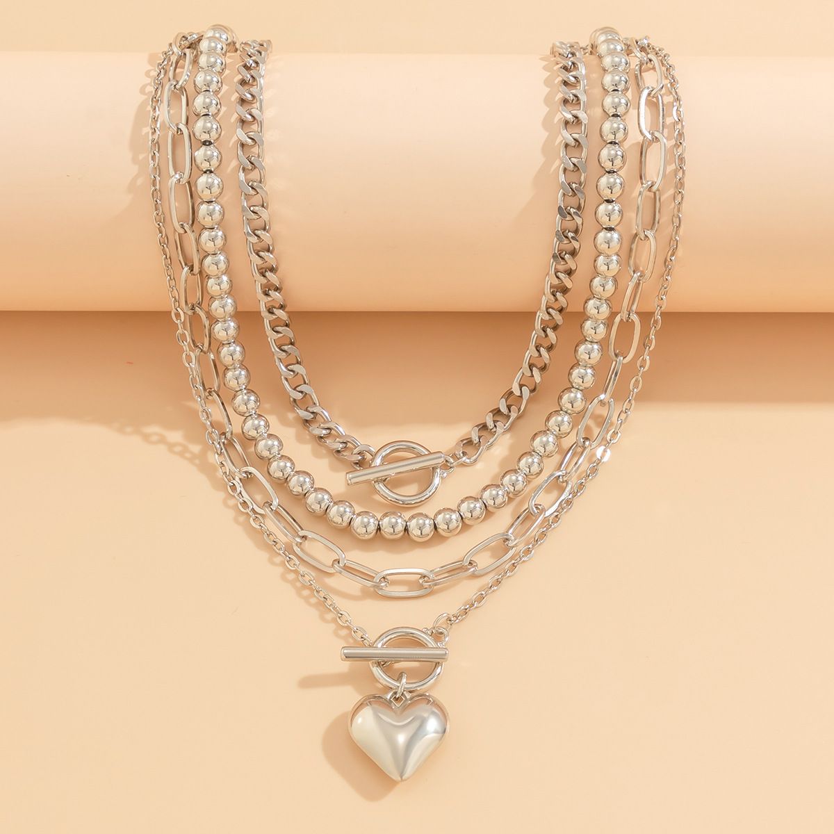 Hip hop bead necklaces women's set geometric OT buckle short metal heart necklace