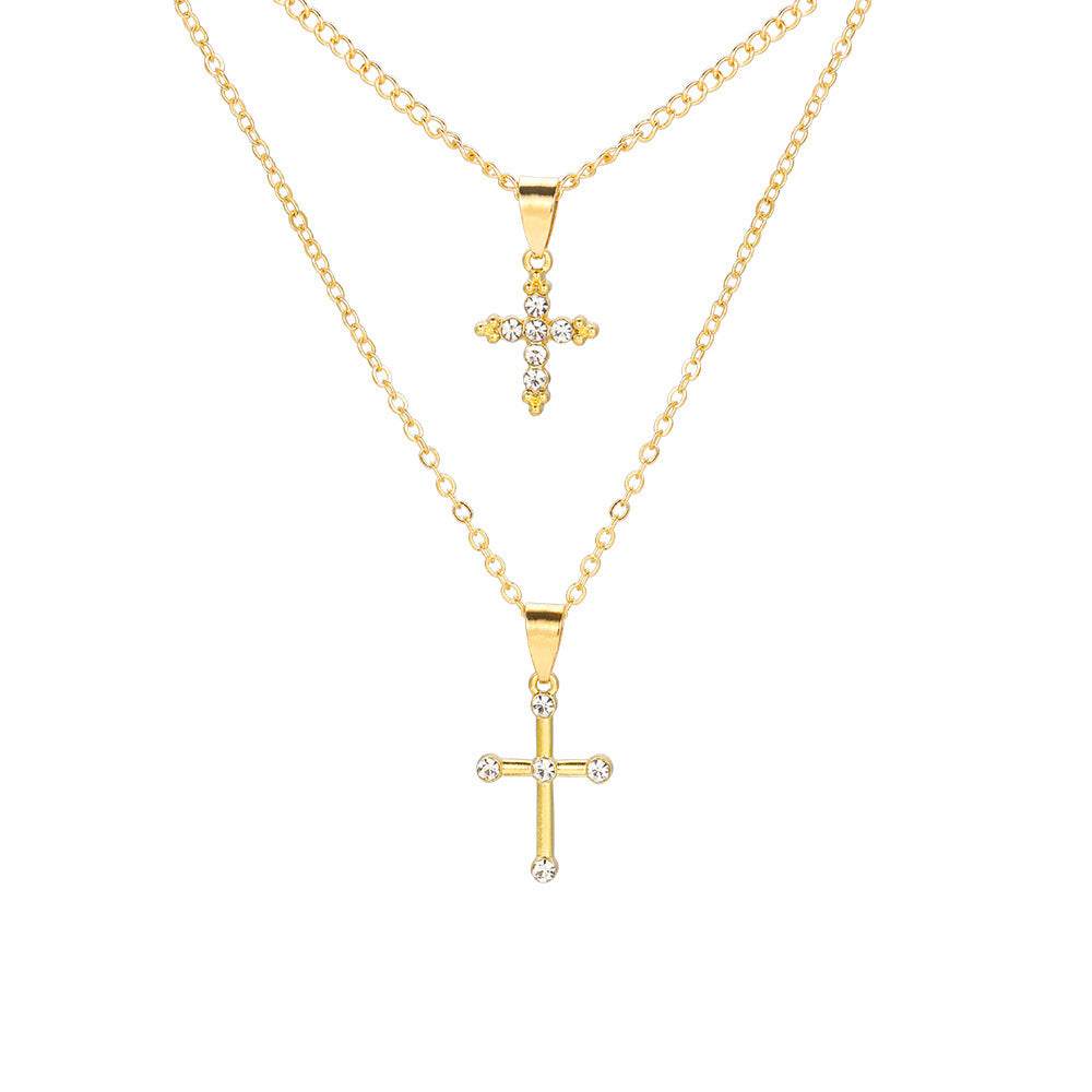 European And American New Exaggerated Personality Full Diamond Cross Pendant Chain Collarbone Chain Necklace Double Stacked Necklace