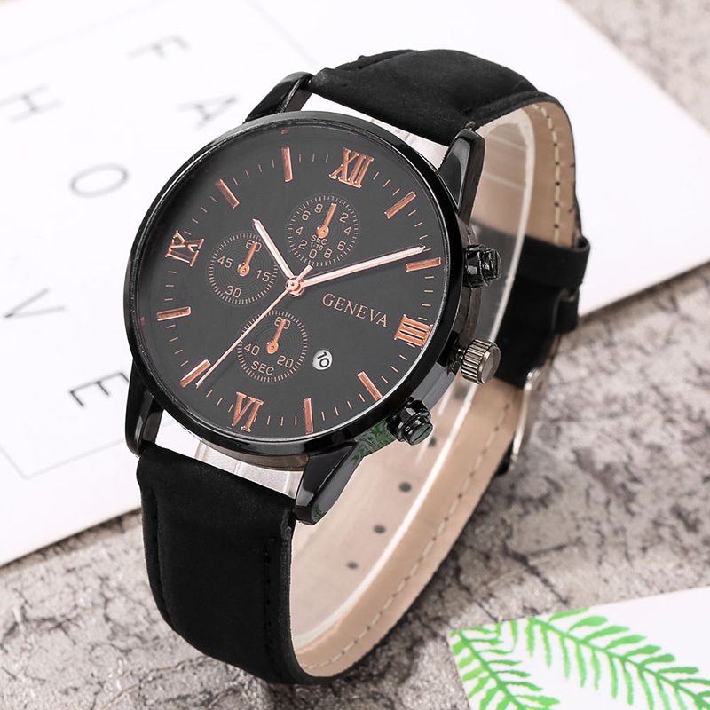 3PCS Fashion Classic Mens Black Watches Set Men Business Quartz Watch Male Calendar Wristwatch Leather Bracelet