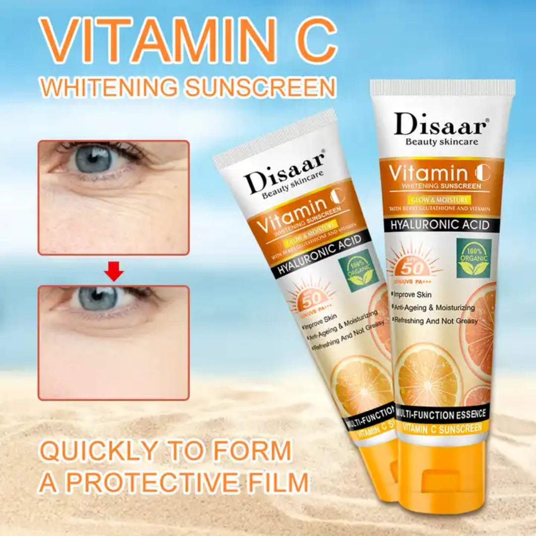 Vitamin C Sunscreen Rice Sun Cream SPF 50+ High UVA UVB Protection with Hyaluronic Acid Berry Glutathione Sun Cream PA+++ UVA UVB Sun Block - Disaar