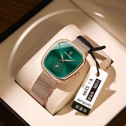 POEDEGER Design Women’s Luxury Blue Dial Rose-Gold Mesh Watch – Minimalist Square Case, Quartz Movement, Stainless-Steel Milanese Strap, Small Seconds Sub-Dial, Gift Box, Elegant Dress Wristwatch