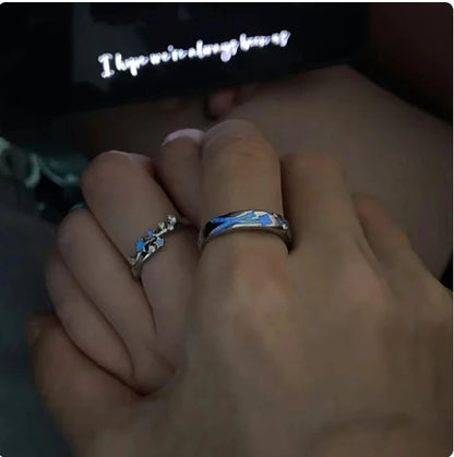 2Pcs Fashion Blue Luminous Star Couple Ring Glow In Dark Fluorescent Zircon Ring Women Men Adjustable Finger Rings Jewelry Gifts