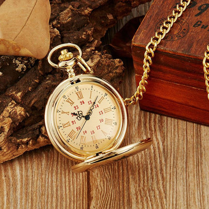 Classic Popular Pocket Watch Antique Steampunk Vintage Roman Numerals Quartz Pocket Watch Gold Case Necklace Pendant Clock Chain Mens Women Quartz Watches Gift For Son