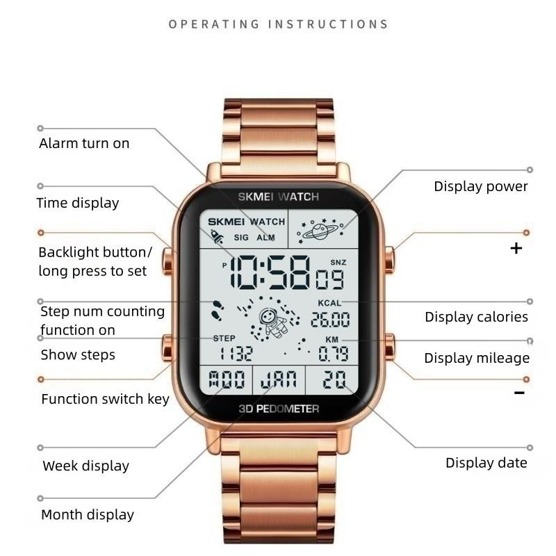 Skmei Men Watches Top Brand Original Men's Watches Multifunctional Walking Steel Strap Men's Electric Watch Sports Calorie Calculation Men's Wristwatch Male Wrist Watch