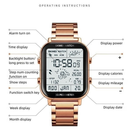 Skmei Men Watches Top Brand Original Men's Watches Multifunctional Walking Steel Strap Men's Electric Watch Sports Calorie Calculation Men's Wristwatch Male Wrist Watch