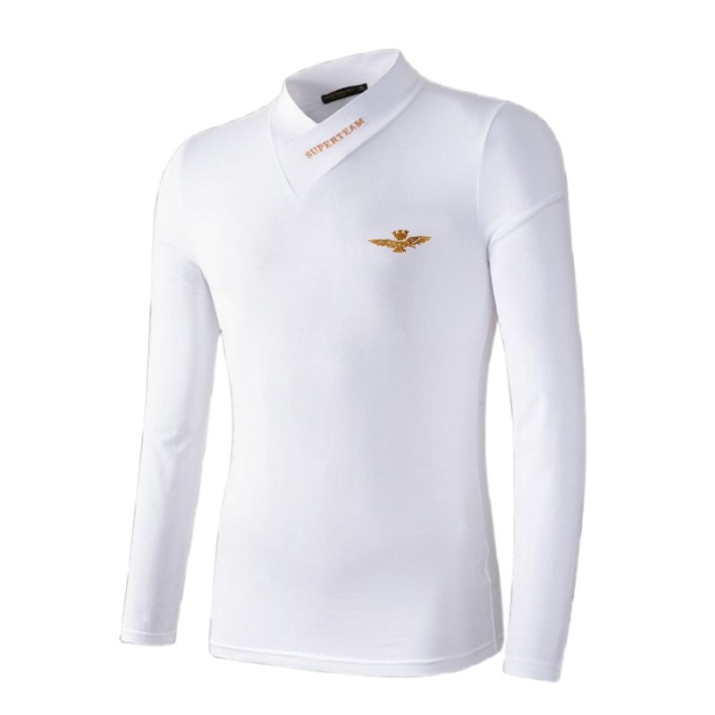 Men Tshirts Sweatshirts Warm Thick Polos Sweaters Tops Formal Long Sleeve Shirts Men Turtleneck Shirts-WhiteV-Neck