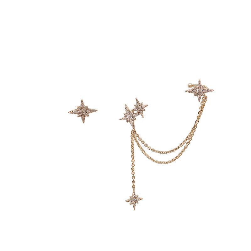Temperament asymmetric long women's tassel earrings one-piece star ear cuff earrings