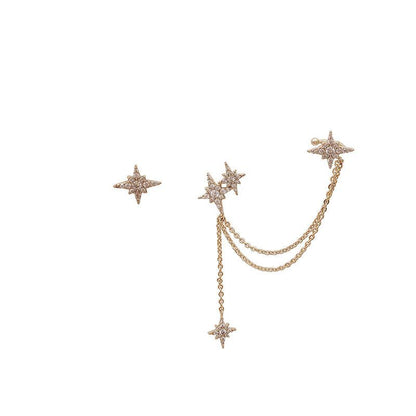 Temperament asymmetric long women's tassel earrings one-piece star ear cuff earrings