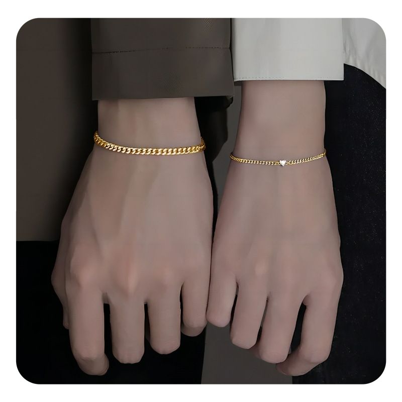 2PCS Simple Fashion Stainless Steel Bracelet Set for Couple Unisex Women Men Lover Crystal Heart Silvery Chain Bracelets Jewelry