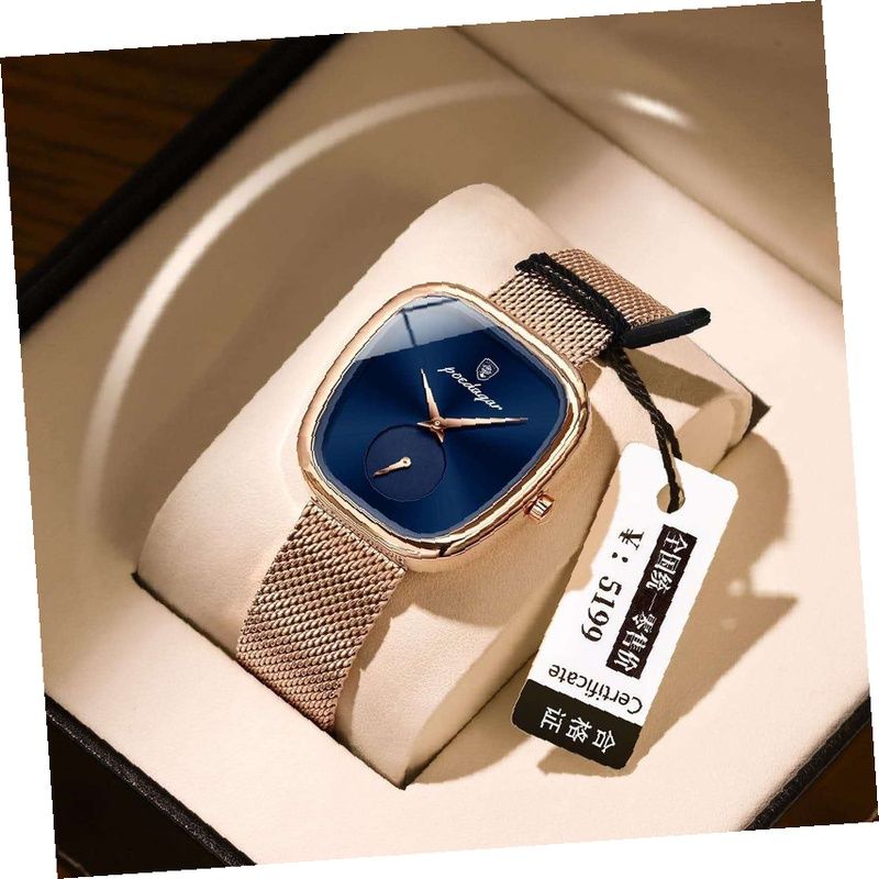 POEDEGER Design Women’s Luxury Blue Dial Rose-Gold Mesh Watch – Minimalist Square Case, Quartz Movement, Stainless-Steel Milanese Strap, Small Seconds Sub-Dial, Gift Box, Elegant Dress Wristwatch