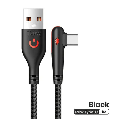 1/1.5M 90-degree angled Type-C 120W 6A super-fast charging data cable suitable for Android phone charging gaming and car b charging