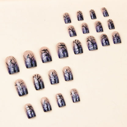 Medium to long square wearing nail, black withered tree silhouette nail art, light blue gradient fake nail glitter, detachable nail patch