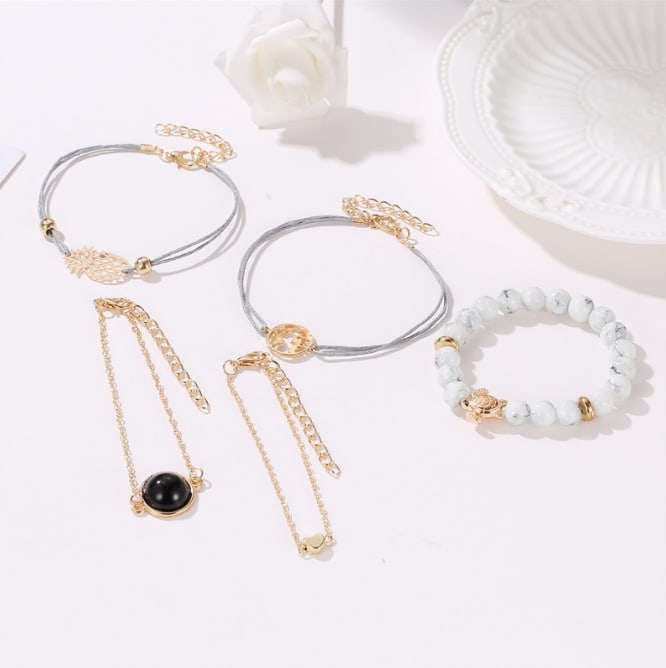 Fashion All-match Women's Alloy Pineapple Love Map Beaded Bracelet Jewellery MMSHOP Amazon Hot Sale 5 Pieces / set Gold as picture