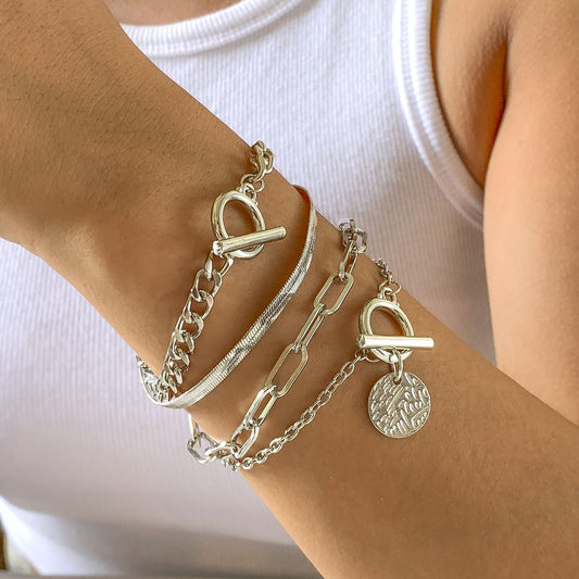 4-piece metal punk style bracelet set, flat snake bone chain bracelet, hip-hop trendy metal bracelet