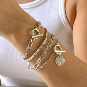 4-piece metal punk style bracelet set, flat snake bone chain bracelet, hip-hop trendy metal bracelet