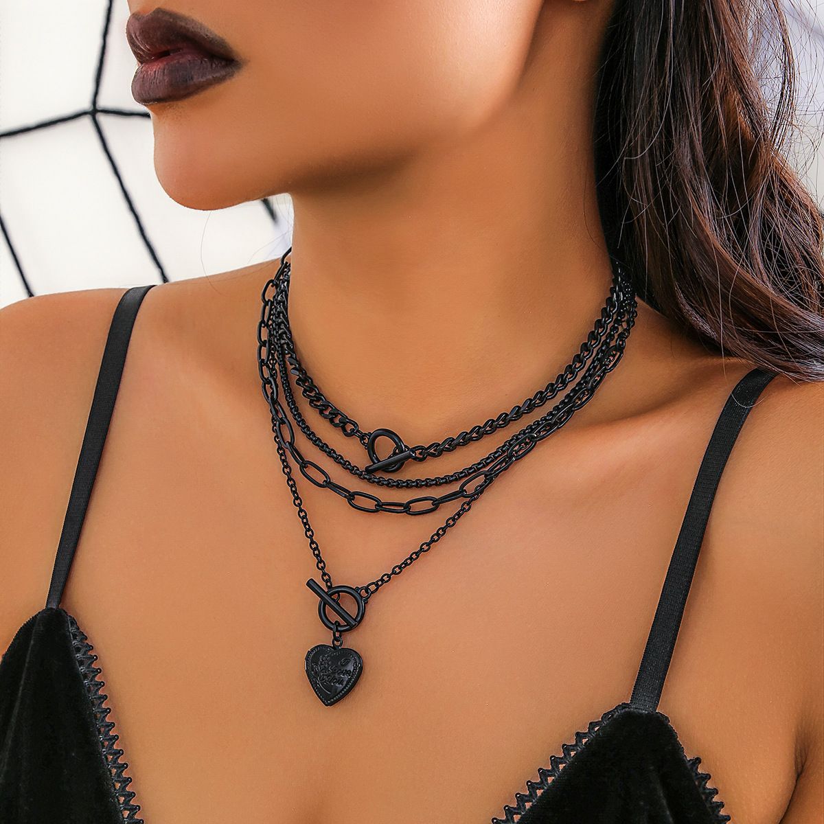 Hip hop bead necklaces women's set geometric OT buckle short metal heart necklace