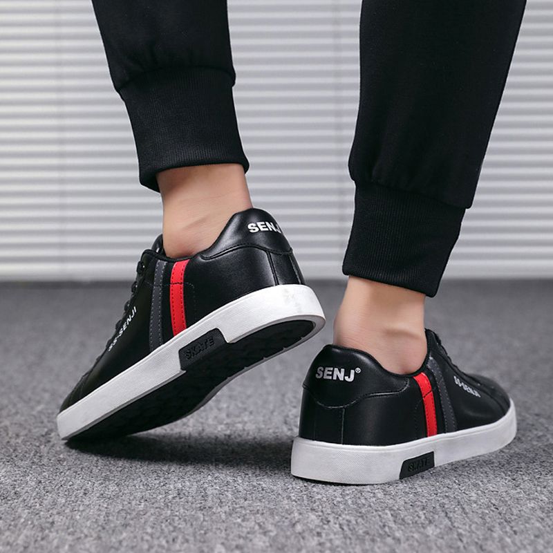 Men's casual PU artificial leather shoes fashion running shoes driving shoes students single shoes athletic women's skateboarding shoes sneakers Boys Black sports shoes