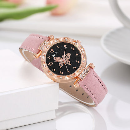 Popular Fashion 5 Set Women Watch Ring Necklace Earrings Bracelet Set Watches Luxury Crystal Butterfly Leather Strap Ladies Quartz WristWatch (With Box)