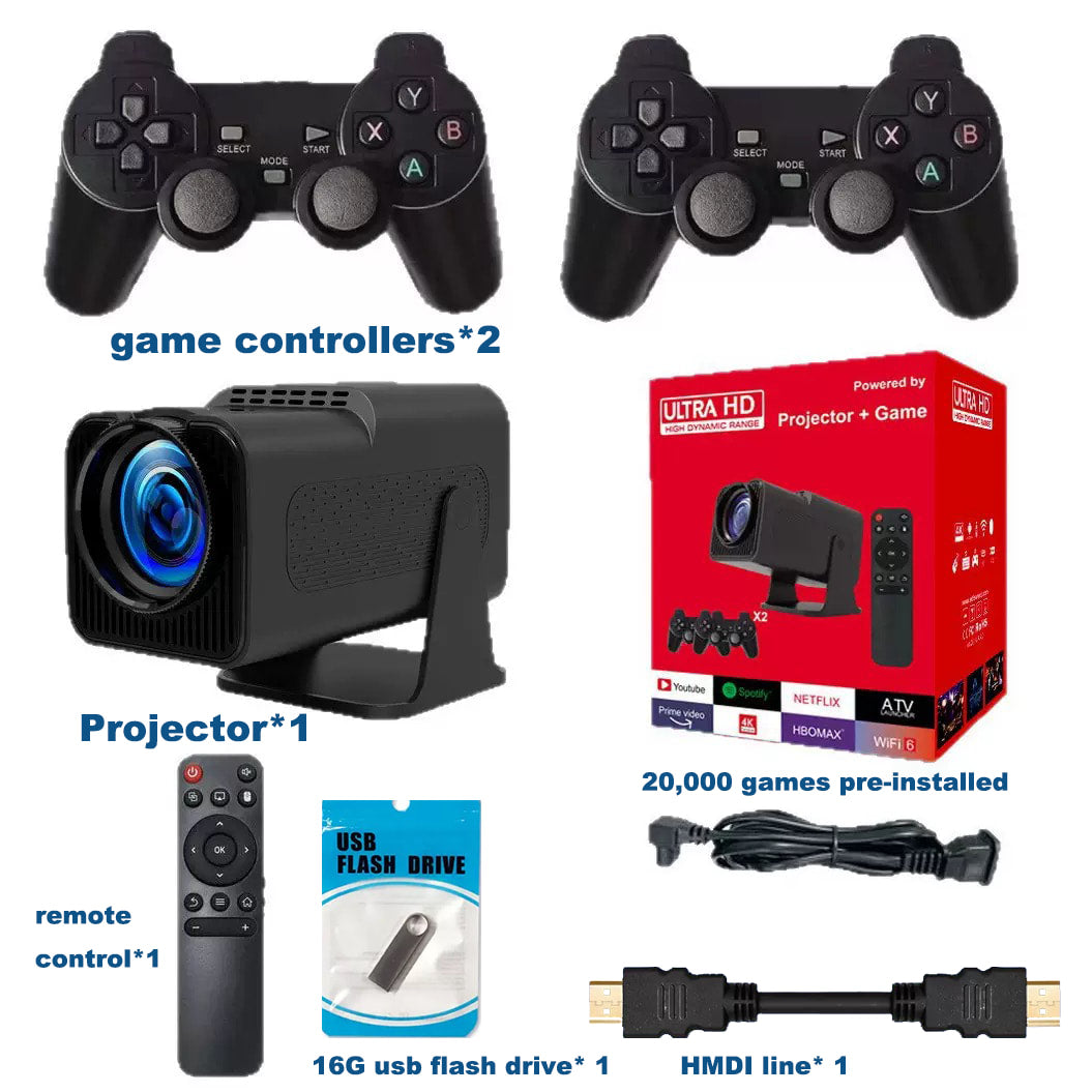 HY320 mini projector, equipped with two game controllers and 20,000 games, supports 4K and 720P, Android system, can be connected to laptops, and allows screen mirroring from smartphones