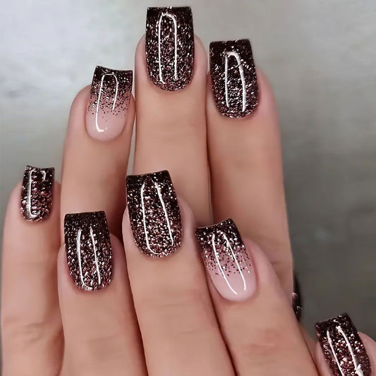 Hot selling nail art, bright pink and black gradient, European style nail art, spicy girl, fake nail (wearing nail art pieces, sparkling pink and black gradient European style nail art