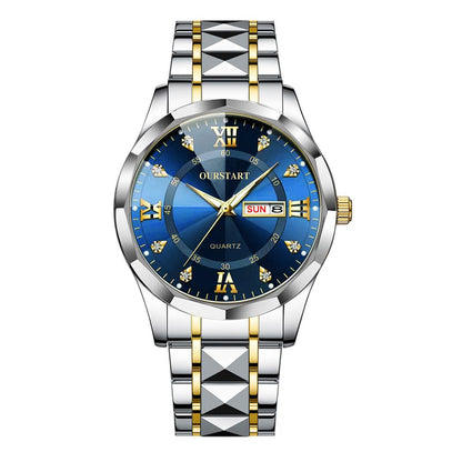 Men's Night Light Leisure Rivet Double Calendar Steel Strip Quartz Men's Watch