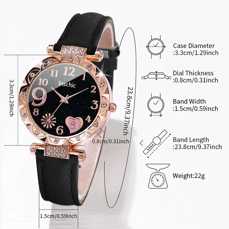 6PCS/Set Women Watches Fashion Heart Dial Leather Band Quartz Watch Leaf Bracelets Set