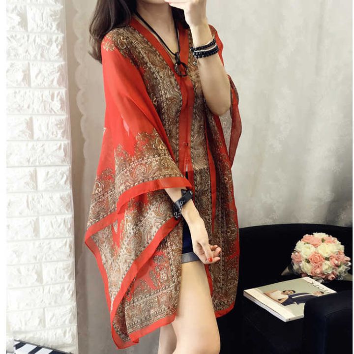 Woman Chiffon Blouse Fashion Women Scarf Shawl Printed Sunscreen Sun Protection Shawl Beach Shawl Soft Loose Bikini Cover Tops