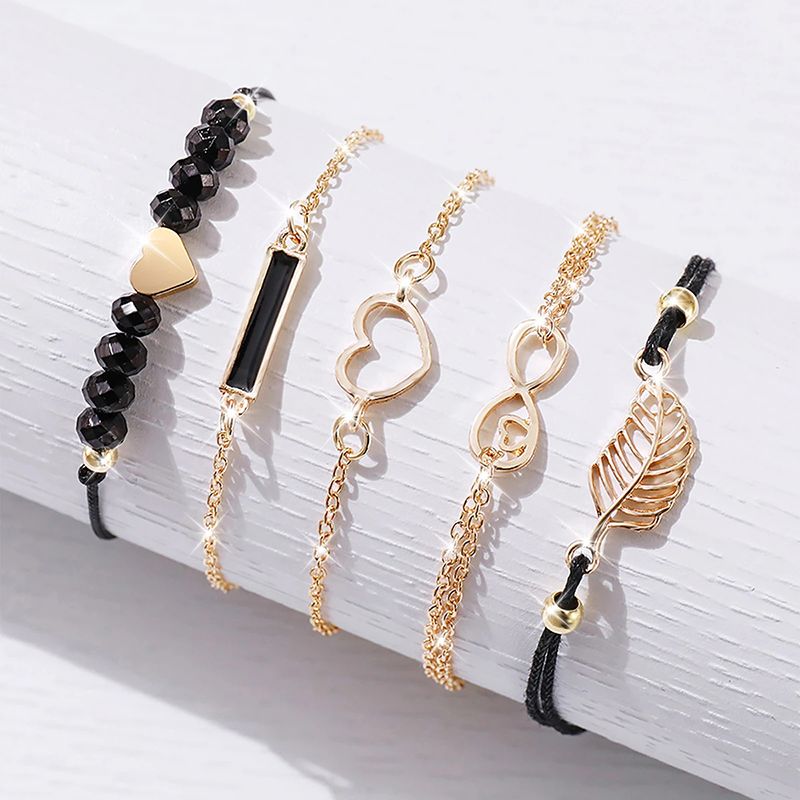 6PCS/Set Women Watches Fashion Heart Dial Leather Band Quartz Watch Leaf Bracelets Set