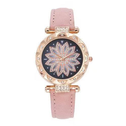 Popular Fashion 5 Set Pink Women Watch Ring Necklace Earrings Bracelet Set Watches Luxury Crystal Butterfly Leather Strap Ladies Quartz WristWatch (With Box)