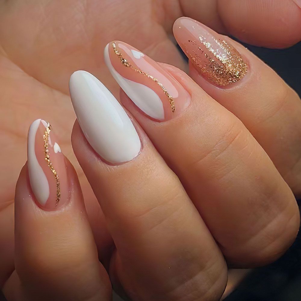 Valentine's Day long almond shaped platinum line nail art French white border wave leopard print gold powder wearing nail art heart-shaped nail art sheet