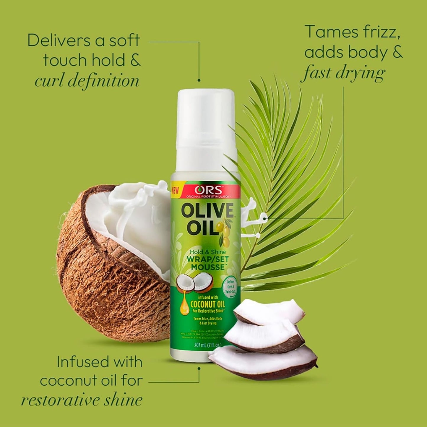 ORS Olive Oil Hold & Shine Wrap/Set Mousse with Coconut Oil Tames Frizz, twists and defines curls