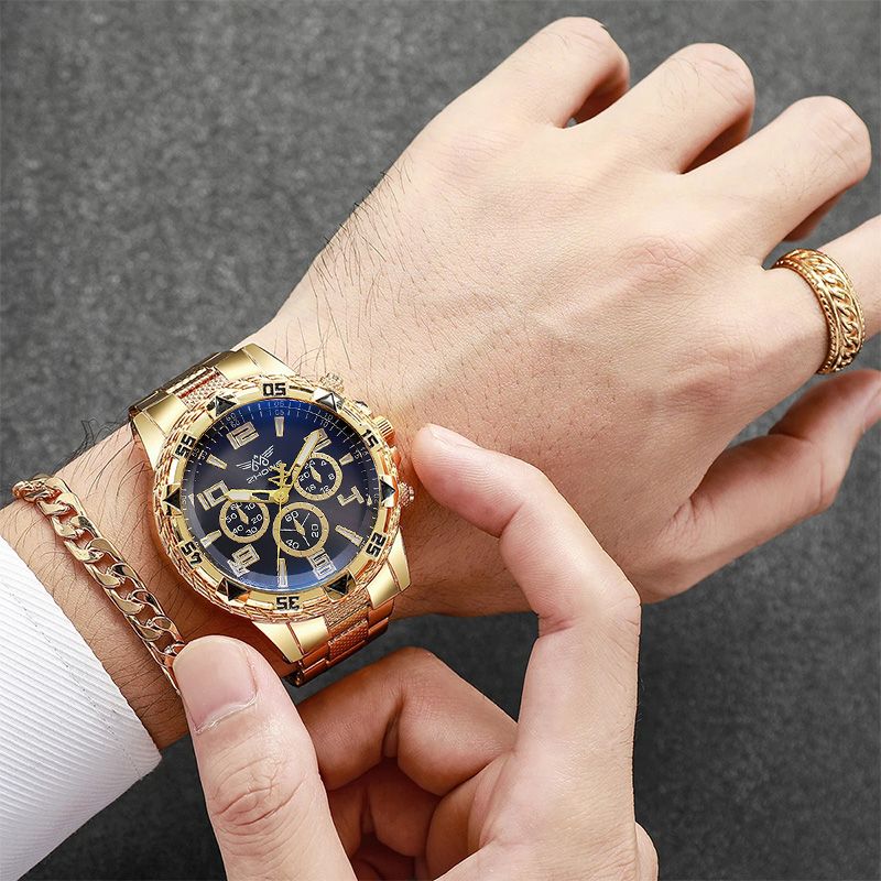 4PCS/Set Fashion Men's Watch Casual Gold Steel Band Analog Male Quartz Watches Jewelry Set