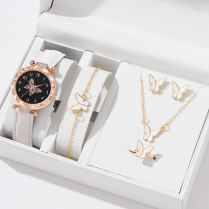 6PCS Women's Watch Earrings Rings Necklace Bracelet Set Ladies' Butterfly Jewelry Set Women's Wristwatch Leather Strap Quartz Watch Ladies' Butterfly Watch Set